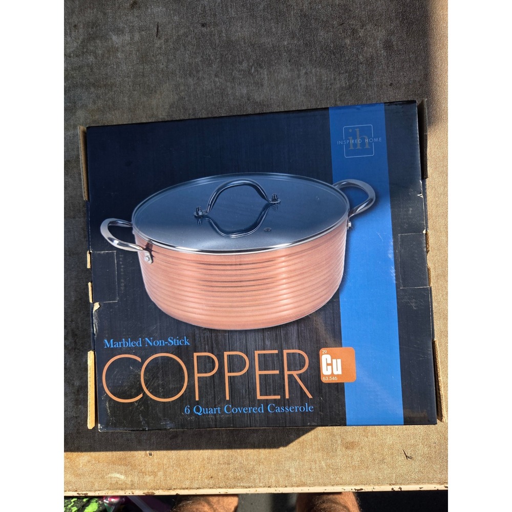 Inspired Home 6 Quart Covered Casserole Marbled Non-Stick Ribbed Copper Pot